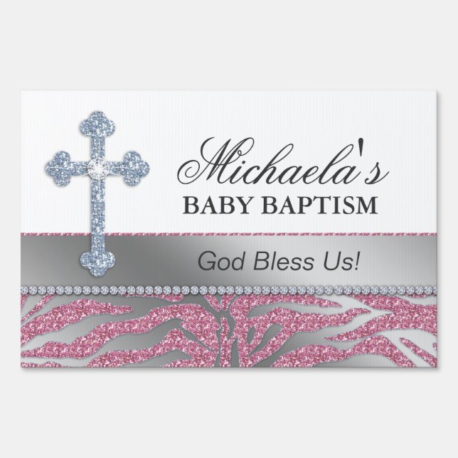 Baby Shower Baptism Cross Zebra Pattern Yard Sign (Front)