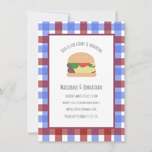 Baby Shower BBQ Backyard Hamburger Plaid Invitation (Front)