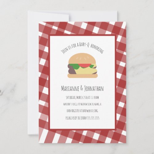 Baby Shower BBQ Backyard Hamburger Plaid Red Invitation