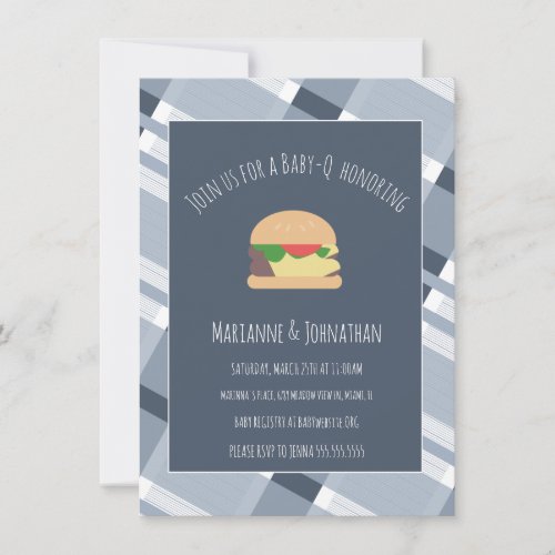 Baby Shower BBQ Backyard Plaid Blue Invitation