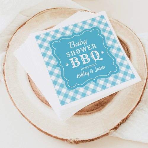 Baby Shower BBQ Blue and White Gingham Plaid Paper Napkins