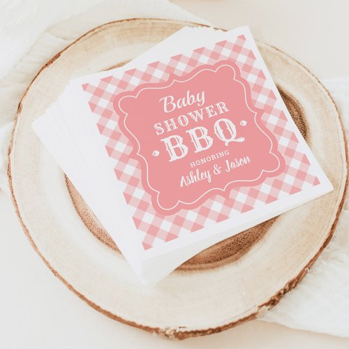 Baby Shower BBQ Blush Pink and White Gingham Plaid Napkins