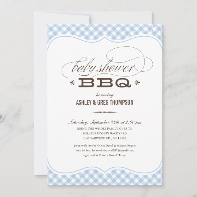 Baby Shower BBQ Invitations - Blue Table Cloth (Front)