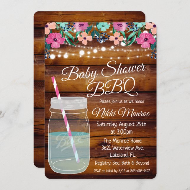 Baby Shower BBQ Mason Jar Invitation (Front/Back)