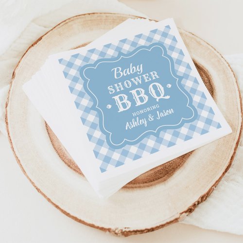 Baby Shower BBQ Pale Blue and White Gingham Plaid Napkins