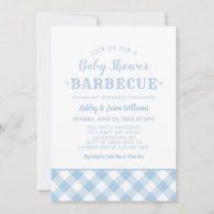 Baby Shower BBQ Pale Blue Gingham Plaid Invitation