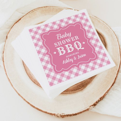 Baby Shower BBQ Pink and White Gingham Plaid Paper Napkins