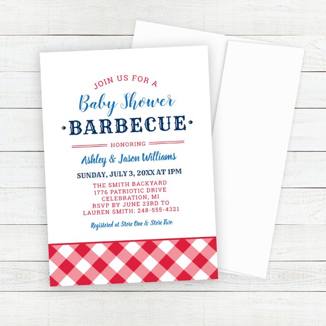 Baby Shower BBQ Red White Blue Gingham Plaid Invitation (Creator Uploaded)