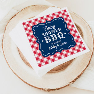 Baby Shower BBQ Red White Navy Blue Gingham Plaid Paper Napkins