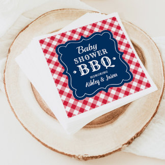 Baby Shower BBQ Red White Navy Blue Gingham Plaid Paper Napkins