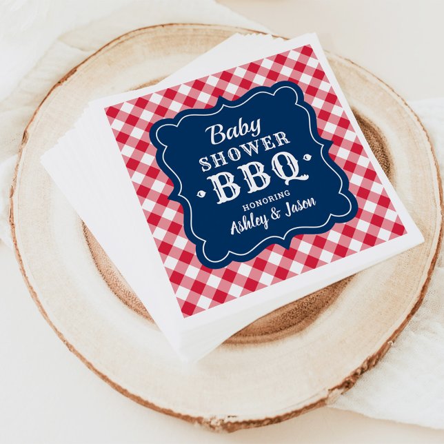 Baby Shower BBQ Red White Navy Blue Gingham Plaid Paper Napkins (Creator Uploaded)