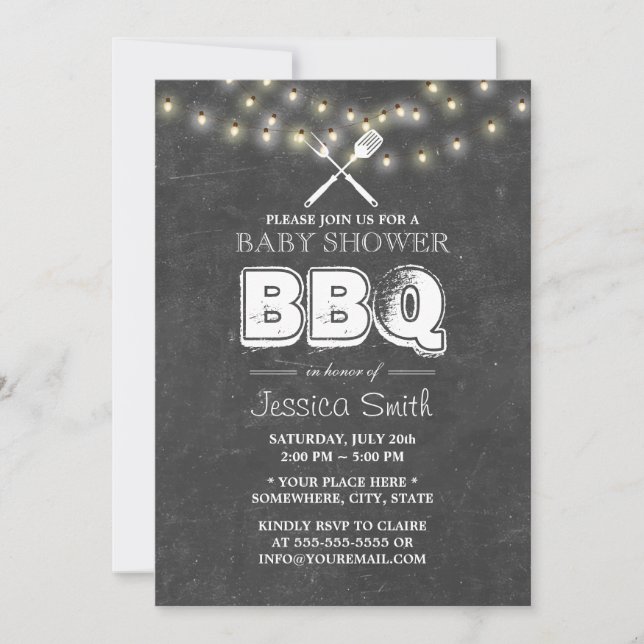 Baby Shower BBQ Summer String Lights Chalkboard Invitation (Front)
