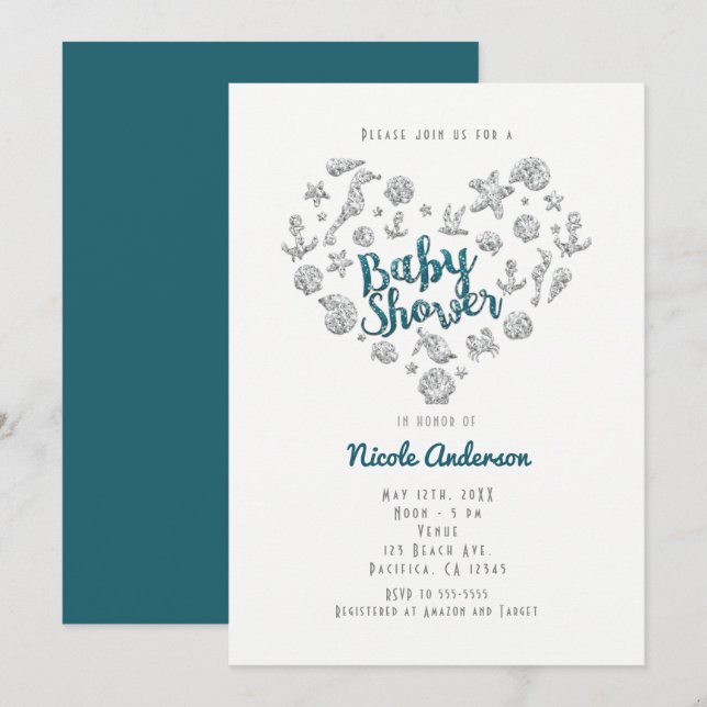 BABY SHOWER Beach Glam Diamond Heart Invitations (Front/Back)
