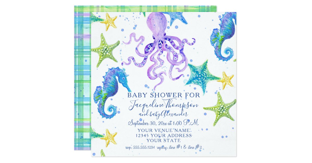 Baby Shower Beach Starfish Octopus Seahorse Plaid