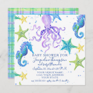 Baby Shower Beach Starfish Octopus Seahorse Plaid Invitation