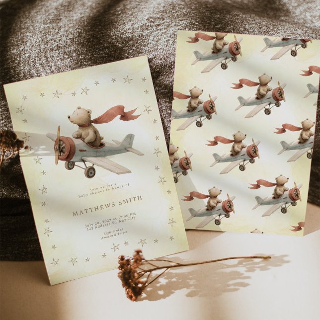 Baby Shower Bear Airplane Invite (Baby Bear Pilot Vintage Airplane Stars Baby Shower Invitation)
