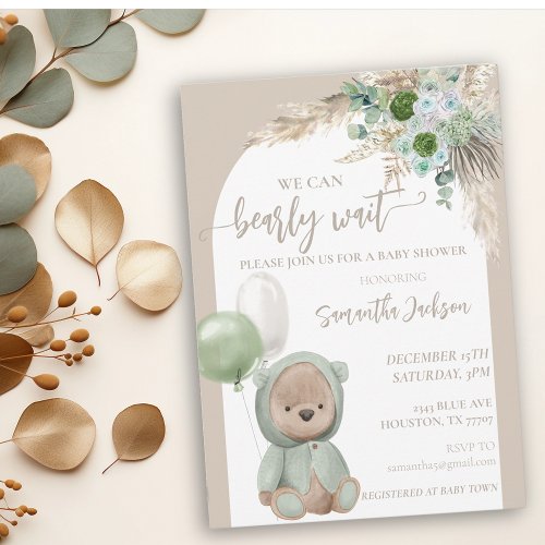 Baby Shower Bearly Wait Green Boho Bear   Invitation