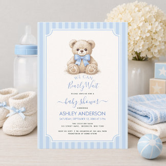 Baby Shower Bearly Wait Teddy Bear & Blue Stripes Invitation