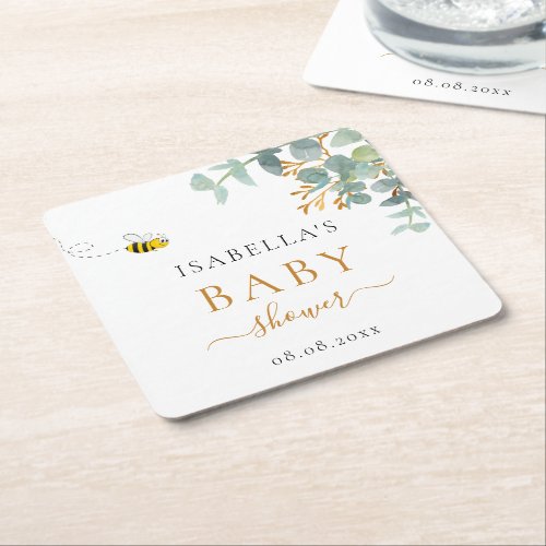 Baby Shower bee eucaluptus script Party Square Paper Coaster
