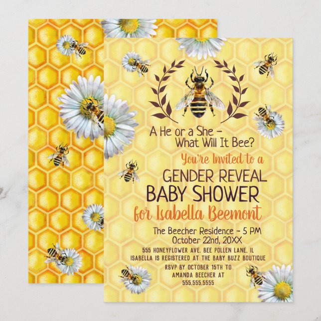 Baby Shower Bee Honeybees Flowers Gender Reveal Invitation (Front/Back)