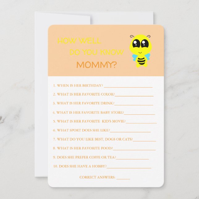 Baby Shower, Bee, How Well Do You Know Mom Card (Front)