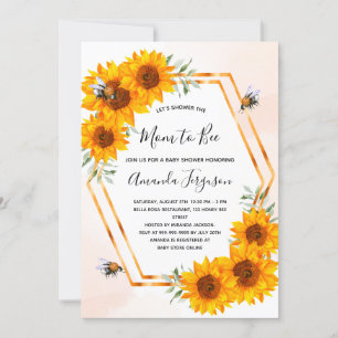 Baby shower bee sunflowers white rose gold invitation