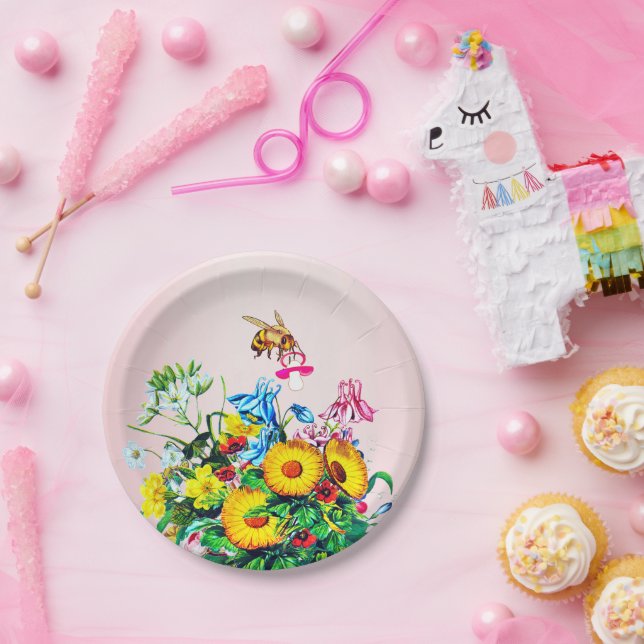Baby Shower Bees Pink Floral Pacifier Paper Plates (Party)