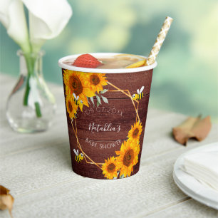 Baby Shower bees sunflowers rustic wood brown Paper Cups