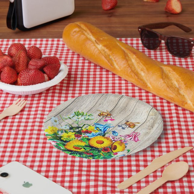 Baby Shower Bees Twins Rustic Floral Pacifier Paper Plates (Picnic)