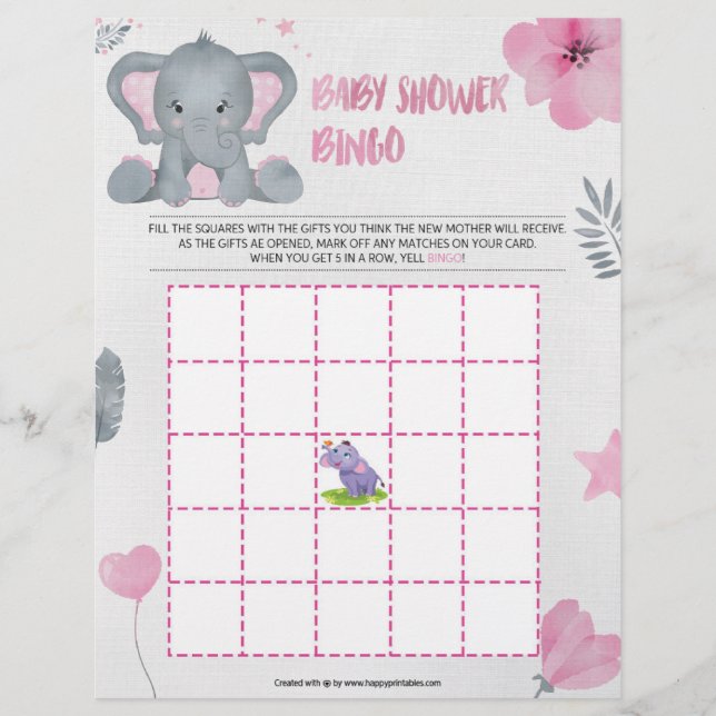 Baby Shower Bingo [Baby Elephant [Pink]] Letterhead (Front)