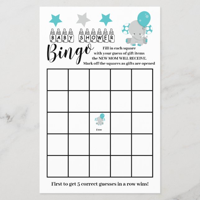 Baby Shower  Bingo Blue Elephant  Boy Game Card Flyer (Front)