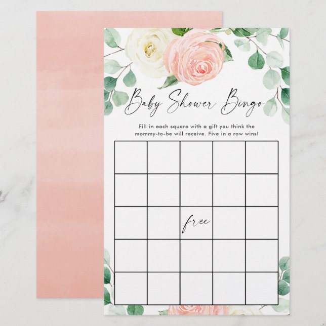 Baby shower bingo blush pink white greenery (Front/Back)
