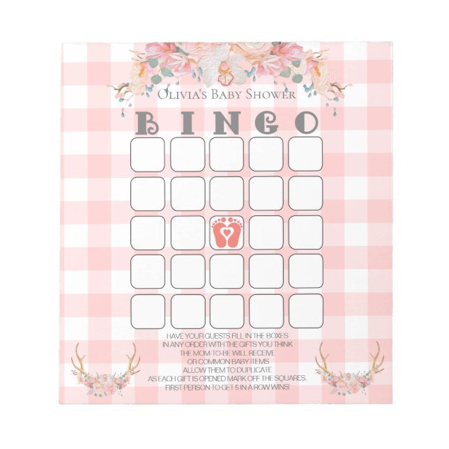 Baby Shower Bingo BOHO Baby Coral  Gingham Notepad (Front)