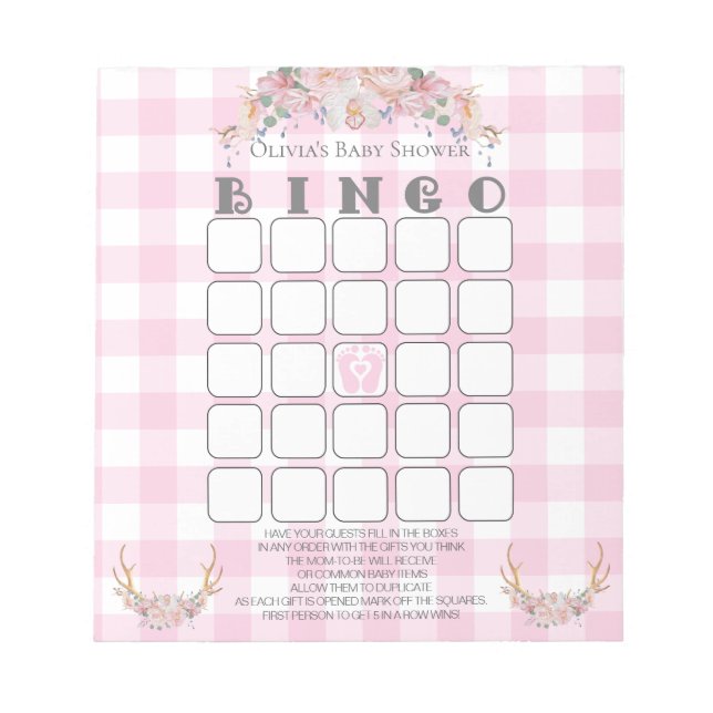 Baby Shower Bingo BOHO Baby Pink Gingham Notepad (Front)