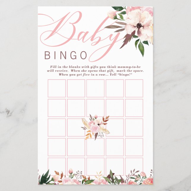 Baby Shower Bingo, Boho with Flowers Flyer (Front)