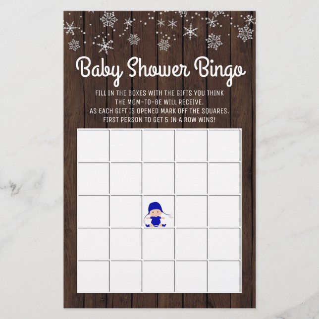 Baby Shower Bingo Boy Rustic Snowflake Baby Bingo Flyer (Front)
