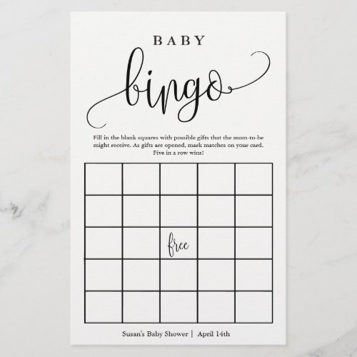 Baby Shower Bingo Calligraphy Paper Game Card