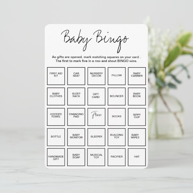 Baby Shower Bingo Cards, Unique Prefilled Baby Bin Invitation (Standing Front)