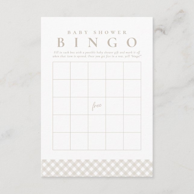 Baby shower bingo cute neutral gingham party card (Front)