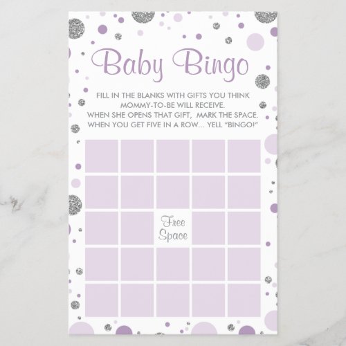Baby Shower Bingo Faux Confetti Purple Silver Flyer