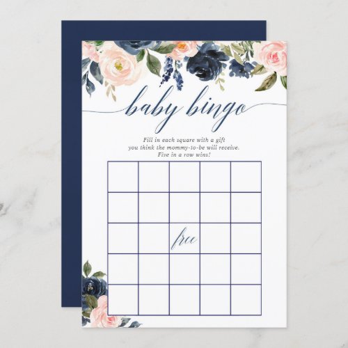 Baby shower bingo game Blush pink navy blue floral Invitation