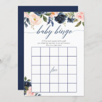 Baby shower bingo game Blush pink navy blue floral Invitation