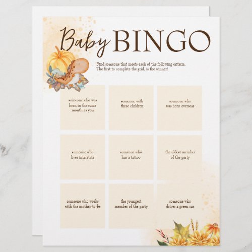 Baby shower bingo game brown personalized template letterhead