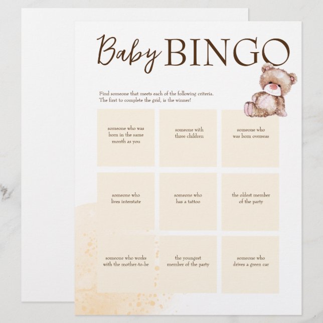 Baby shower bingo game brown personalized template letterhead (Front/Back)