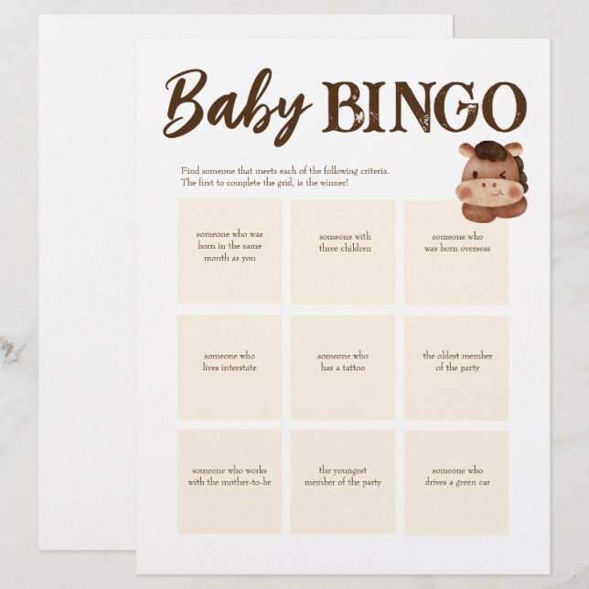 Baby shower bingo game brown personalized template letterhead (Front/Back)