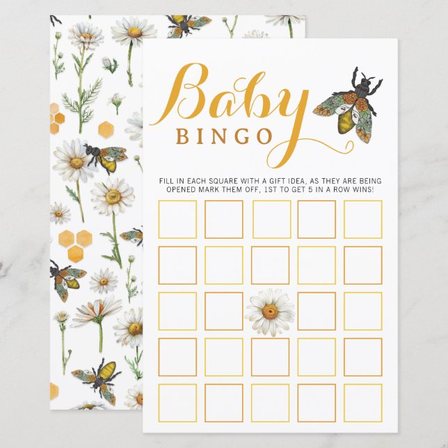 Baby Shower Bingo Game | Bumblebee Honey Bee Theme (Front/Back)