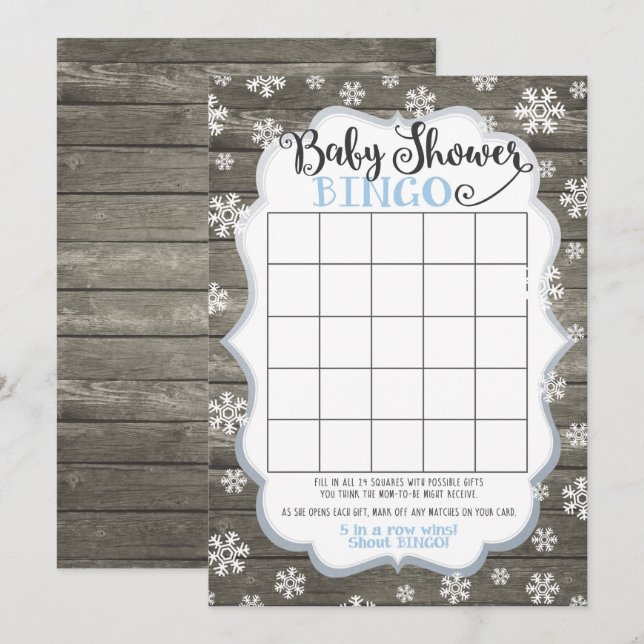 Baby Shower Bingo Game Card Little Snowflake Blue (Front/Back)