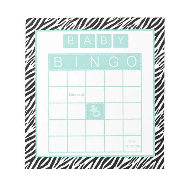 Baby Shower Bingo Game Chic Aqua Mint Zebra Notepad (Front)