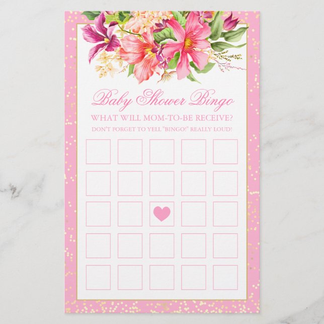 Baby Shower Bingo Game Chic Flowers Bouquet Pink (Front)