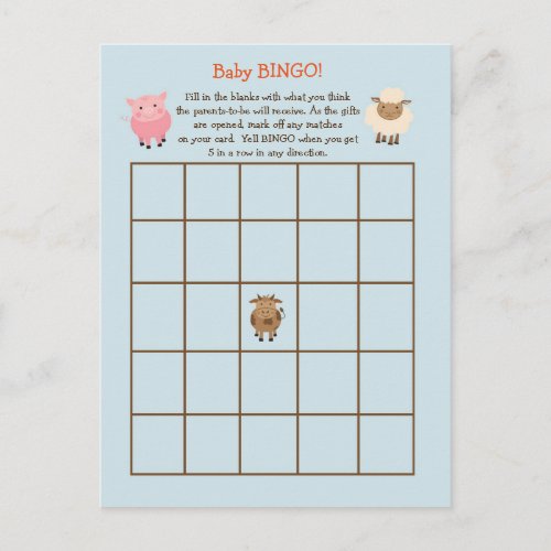 Baby Shower BINGO Game_ Farm Animal Theme Invitation Postcard